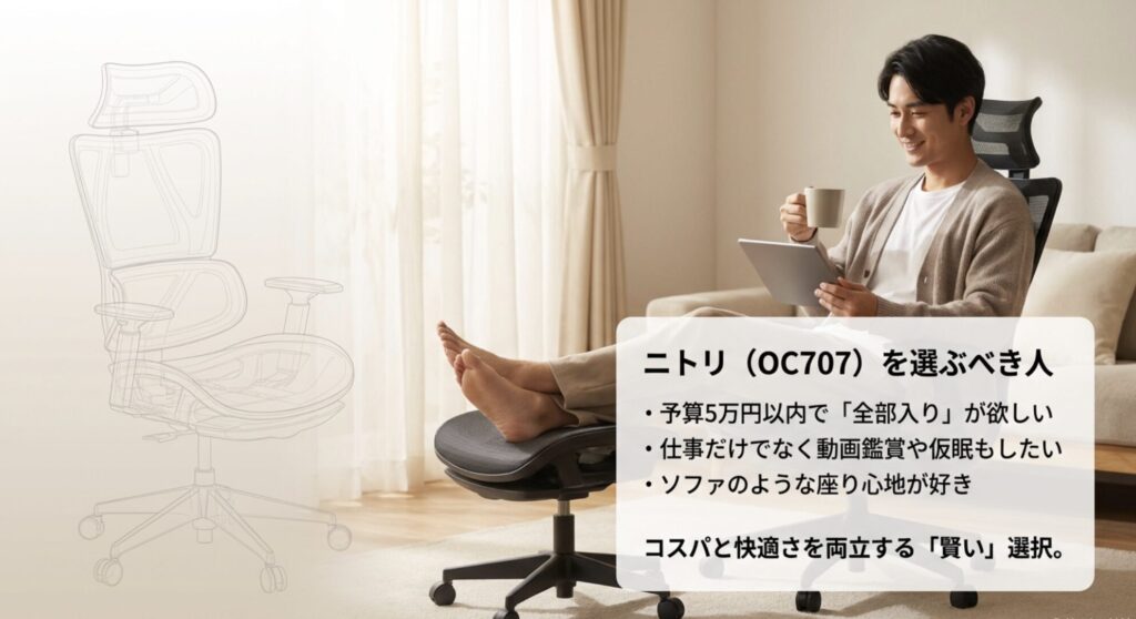 予算5万円以内で全部入りが欲しい人やリラックス重視の人に向けたニトリチェアの推奨理由