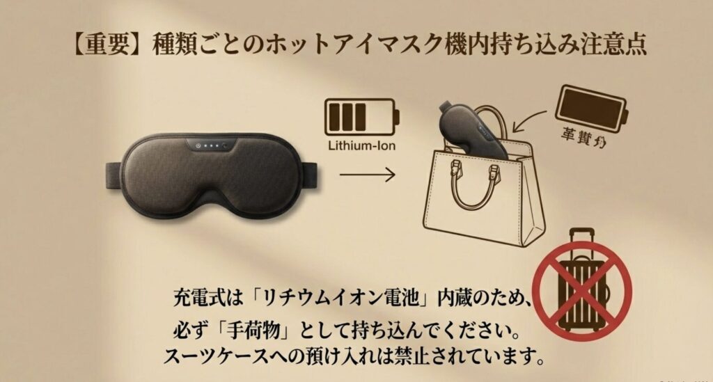 リチウムイオン電池内蔵の充電式アイマスクはスーツケース預け入れ不可で手荷物持ち込み必須