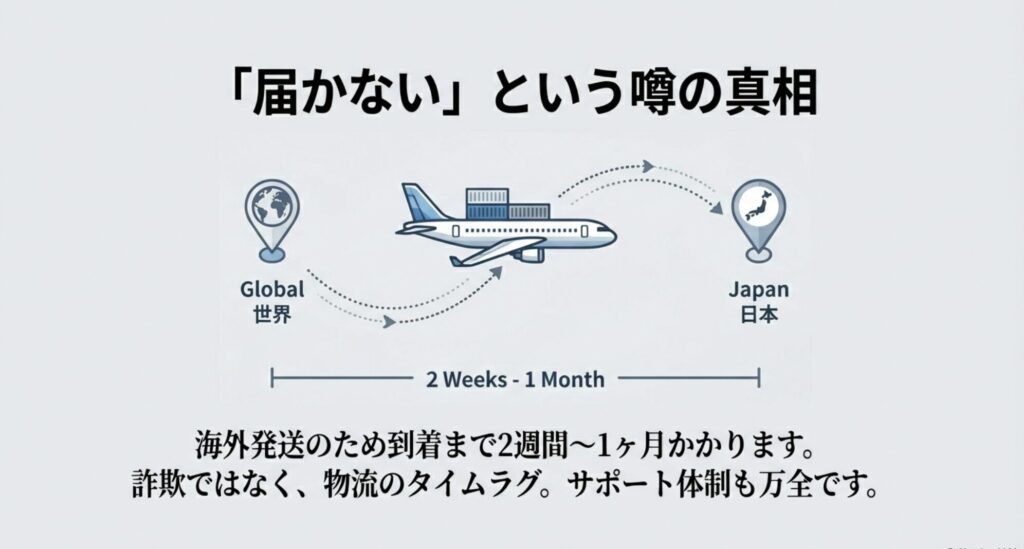 世界地図と飛行機のイラスト。海外から日本への配送タイムラグ（2週間から1ヶ月）を説明する図