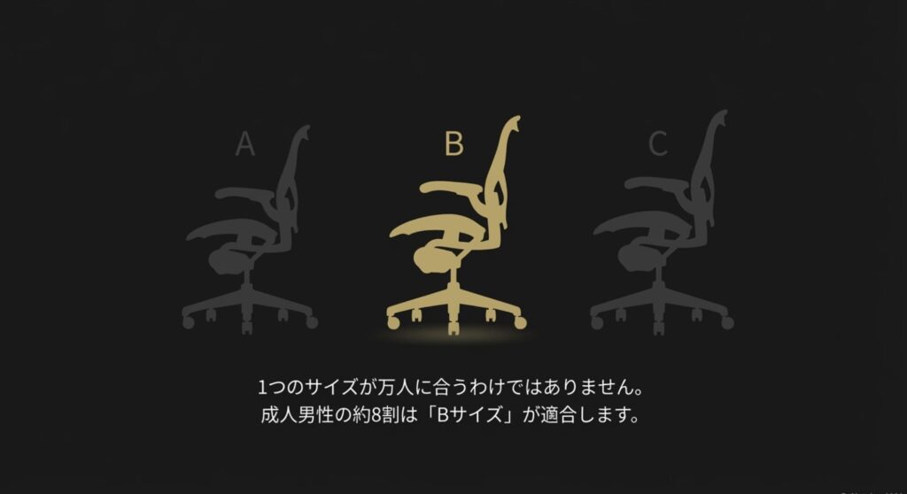 1つのサイズが万人に合うわけではないことを示す図。成人男性の約8割にはBサイズが適合するという目安が記載されたスライド。