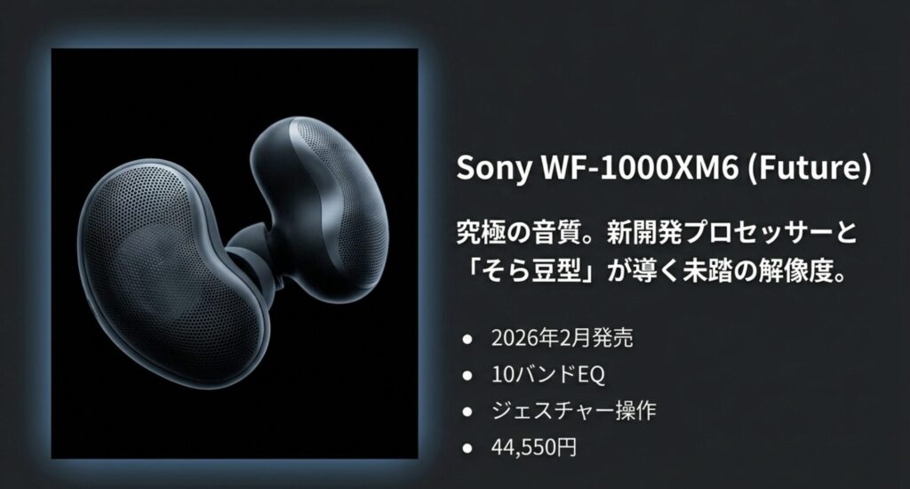 2026年発売予定のソニーWF-1000XM6の価格、10バンドEQ、ジェスチャー操作の紹介スライド