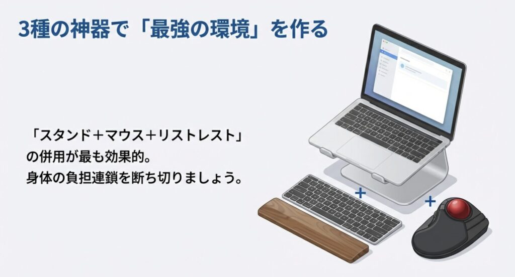 PCスタンド、エルゴノミクスマウス、リストレストの3種の神器を併用して身体の負担連鎖を断ち切る図解