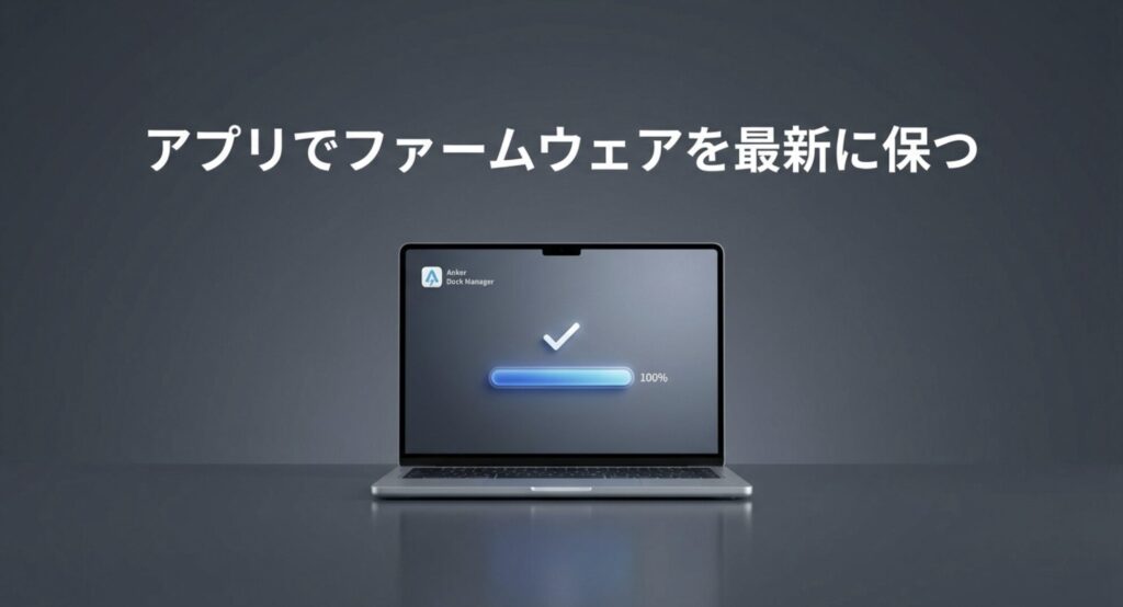 Anker Dock Managerアプリを使ってファームウェアを100%に更新しているノートパソコンの画面
