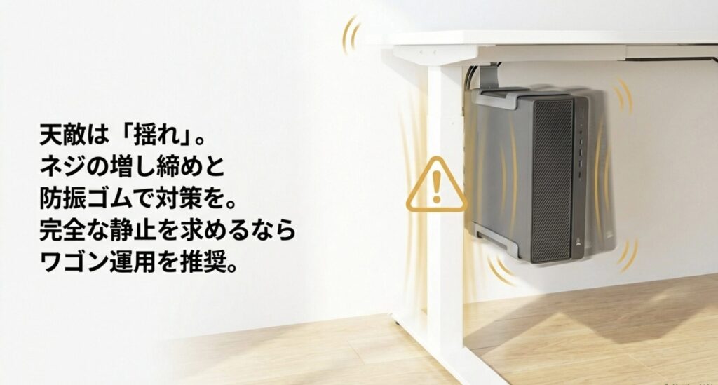 PC吊り下げ時の揺れ対策として、ネジの増し締めや防振ゴムの活用、完全静止ならワゴン運用を推奨する解説