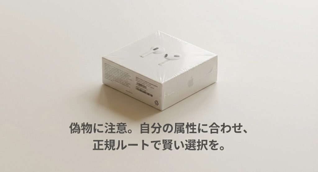 偽物に注意し、自分の属性に合わせて正規ルートで賢い選択をすることを促す、AirPods購入ガイドのまとめスライド。