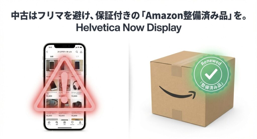フリマアプリでの購入リスクと、保証付きのAmazon整備済み品をおすすめする解説図