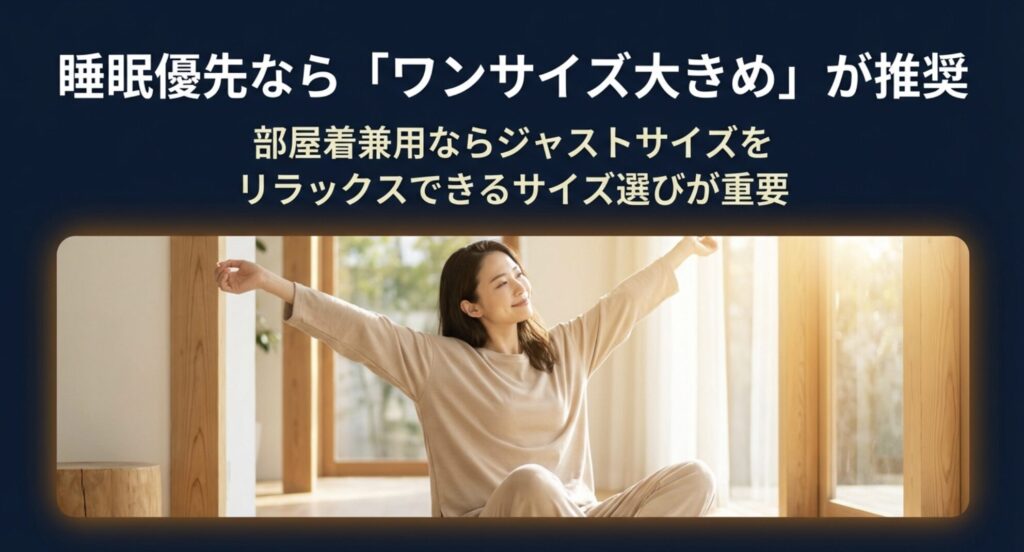 睡眠優先ならワンサイズ大きめ、部屋着兼用ならジャストサイズなどリラックスできるサイズ選びの基準