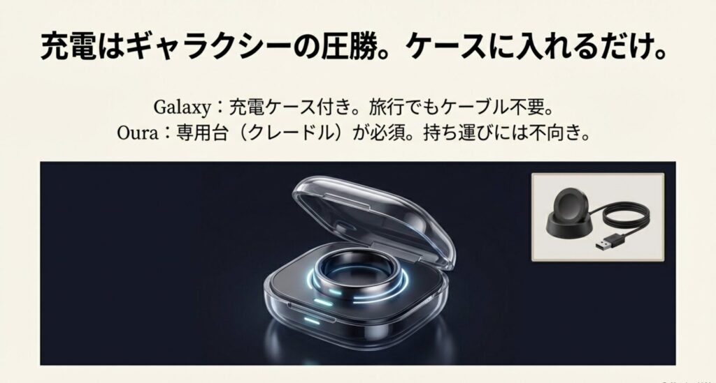 Galaxy Ringの持ち運び可能な充電ケースと、Oura Ringの専用充電クレードルの違いを示す比較スライド。