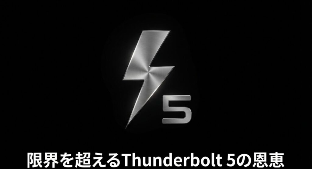 超高速転送を可能にするThunderbolt 5のメタリックなロゴマーク