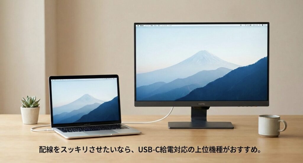 ノートPCとモニターをUSB Type-Cケーブル1本でスッキリ接続しているデスク環境の画像