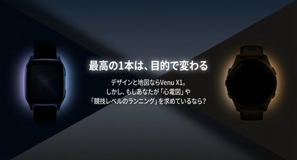デザイン重視ならVenu X1、心電図ならVenu 4、本格ランニングならForerunner 970といった、目的別の選び方の提示。
