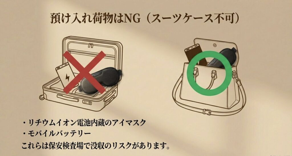 リチウムイオン電池内蔵アイマスクやモバイルバッテリーはスーツケースに入れて預けることが禁止されている
