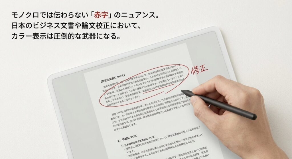 日本のビジネス文書校正において赤字のニュアンスが伝わるカラー表示の優位性を示す資料
