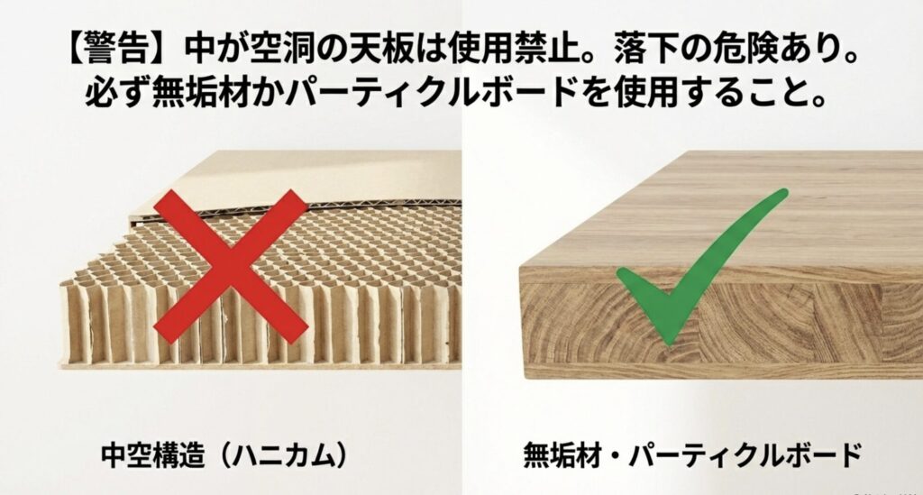 中が空洞のハニカム構造天板は落下危険があるため禁止し、無垢材かパーティクルボードを推奨する警告スライド