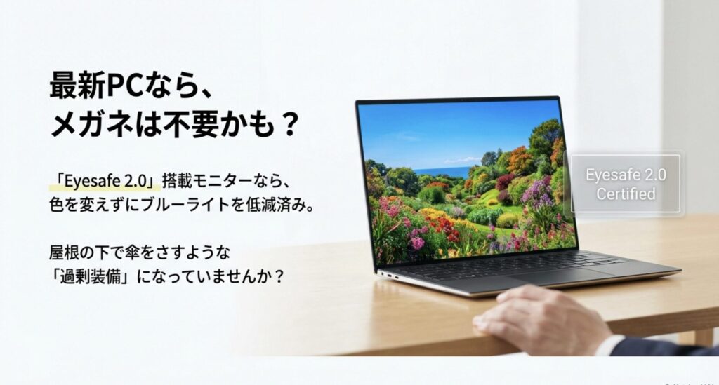 ブルーライトを低減するEyesafe 2.0搭載モニターならメガネは過剰装備であることを示すスライド