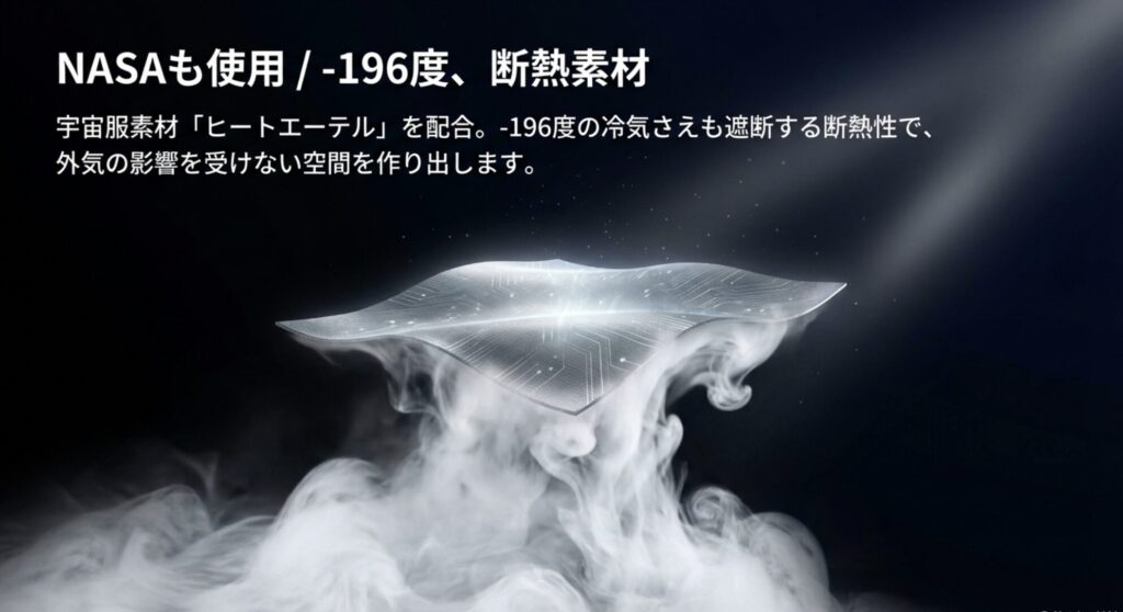 NASAも使用する宇宙服素材「ヒートエーテル」を配合し、-196度の冷気も遮断する断熱性能を説明したスライド