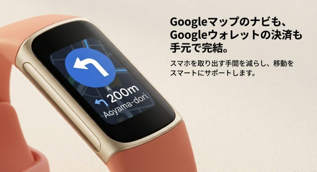 Googleマップのナビ機能を手元で確認できるFitbit Charge 6。スマホを取り出さずに移動をスマートにサポート。