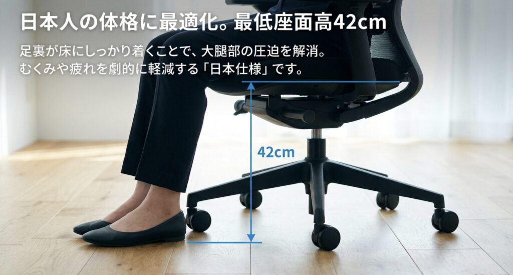 足裏が床にしっかり着くことで疲れを軽減する座面高42cmの日本仕様設計