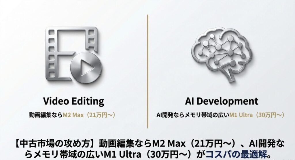動画編集向けのM2 MaxとAI開発向けのM1 Ultraの用途別最適解イメージ