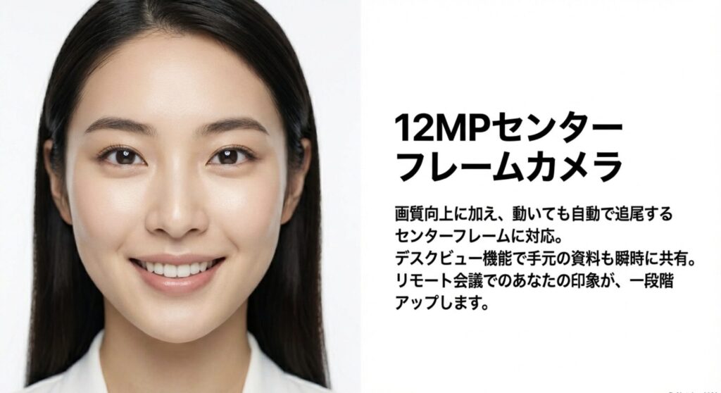 MacBook Air M4に搭載された12MPセンターフレームカメラの解説。画質向上とデスクビュー機能によるリモート会議の質向上について