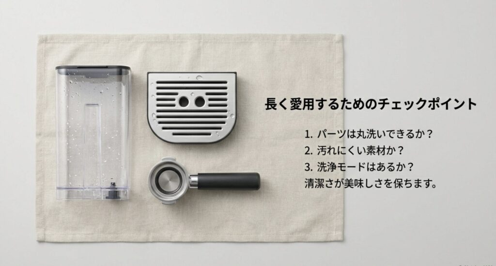 パーツの丸洗い、汚れにくい素材、洗浄モードの有無を確認する重要性を説くスライド