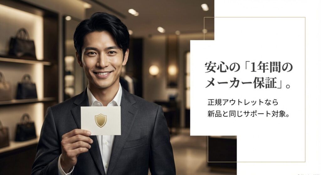 正規アウトレットなら新品と同じ1年間のメーカー保証がつくことを説明するスライド。