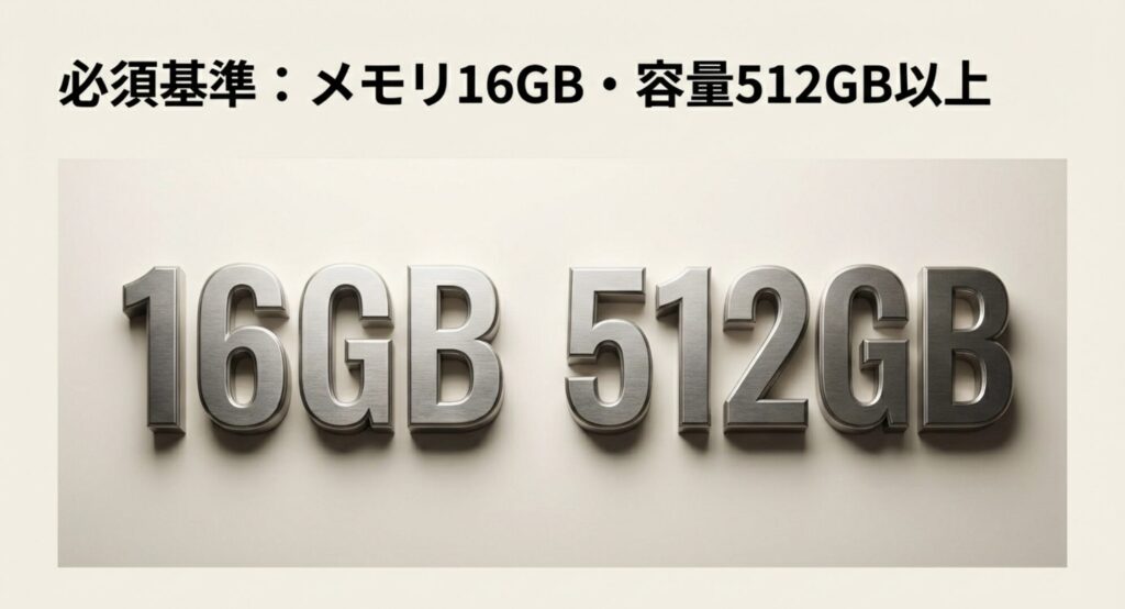 失敗しないパソコン選びの必須基準として、メモリ16GB、容量512GB以上を推奨する、512GBの立体文字が描かれたスライド