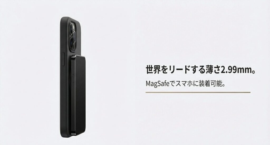 iPhoneの背面にMagSafeで装着された厚さ2.99mmの非常に薄いPlaud Note本体の側面画像。