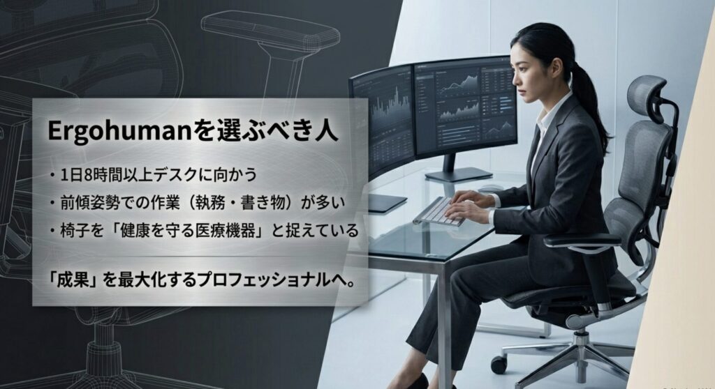 1日8時間以上デスクに向かう人や前傾姿勢が多い人に向けたエルゴヒューマンの推奨理由