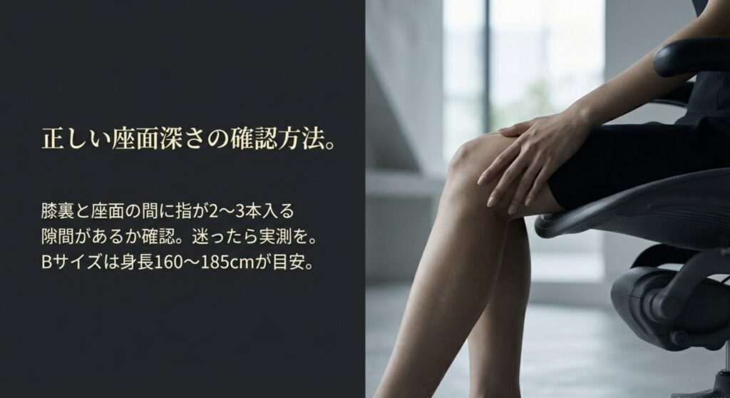 膝裏と座面の間に指が2〜3本入る隙間があるかを確認する正しい座面深さのチェック方法と、Bサイズの身長目安(160-185cm)が記載されたスライド。