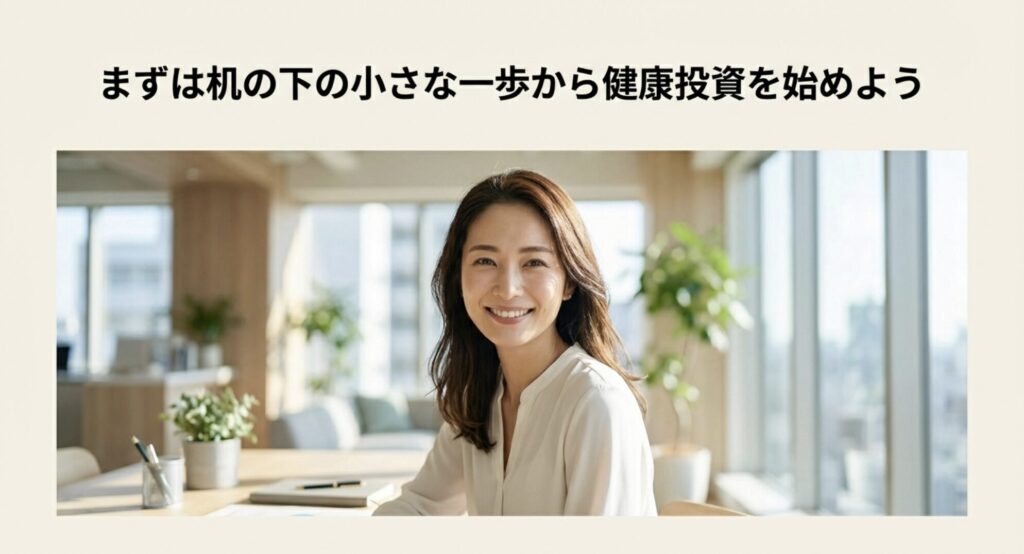 まずは机の下の小さな一歩から健康投資を始めようと笑顔の女性のイメージ