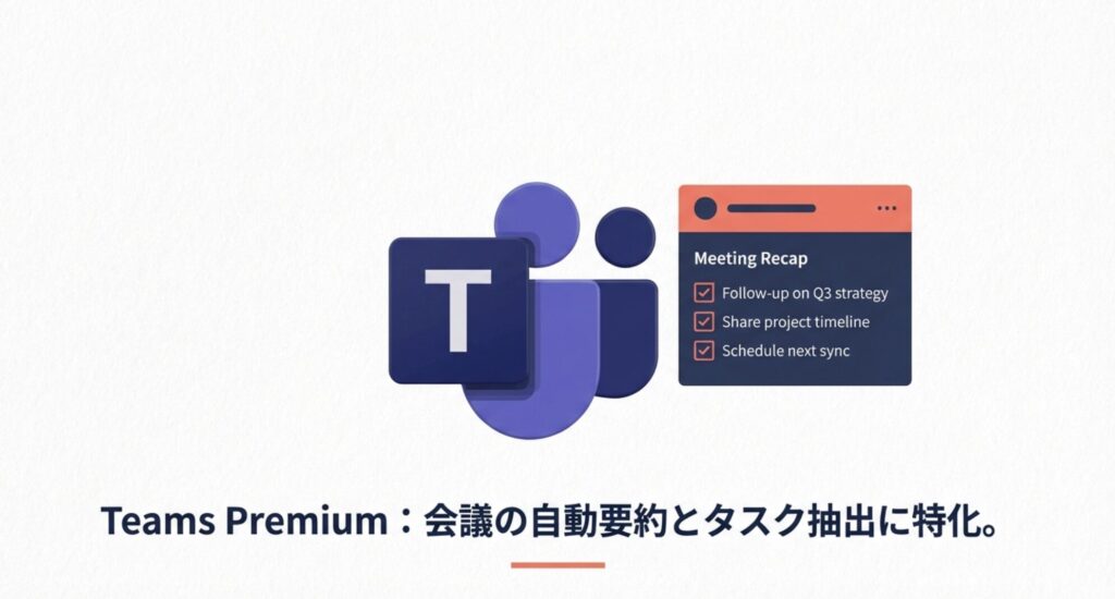 Teams Premiumが会議の自動要約とタスク抽出に特化していることを示す機能紹介スライド