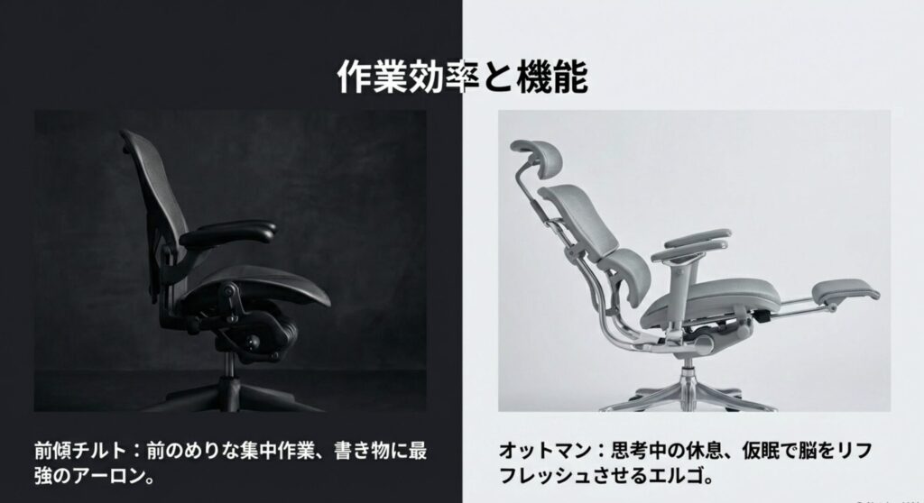 前のめりな集中作業に強いアーロンチェアの前傾チルトと、休息で脳をリフレッシュさせるエルゴヒューマンのオットマン機能の比較