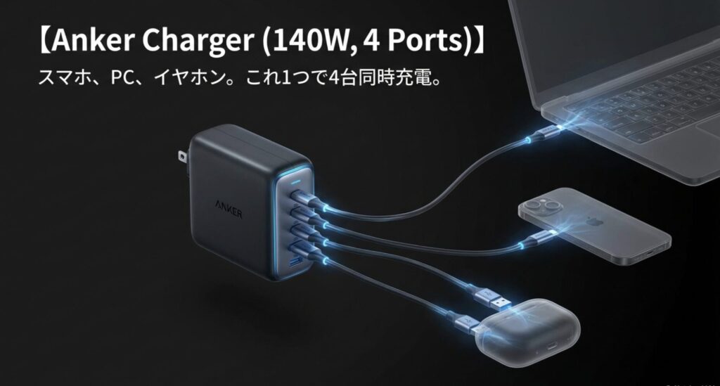 スマホやPCを4台同時充電できるAnker Charger 140Wのイメージ