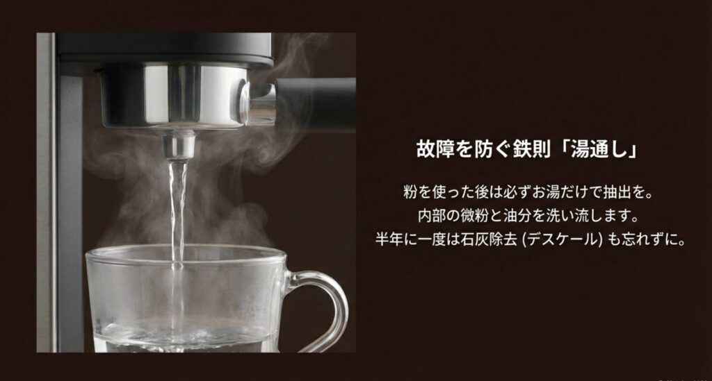 粉抽出後の湯通し洗浄と半年に一度のデスケールの重要性を説明するスライド