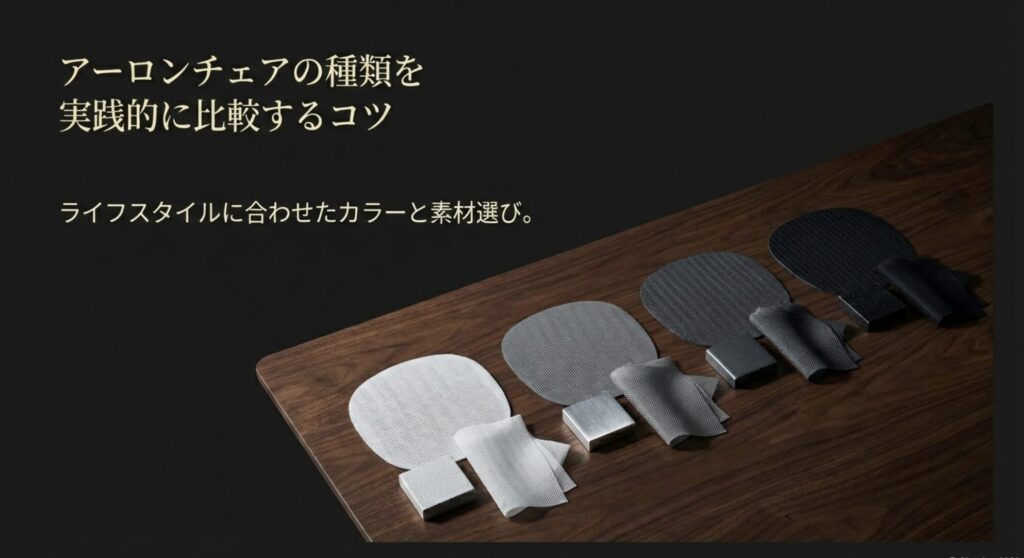 ライフスタイルに合わせたカラーと素材選びなど、アーロンチェアの種類を実践的に比較するための導入スライド。