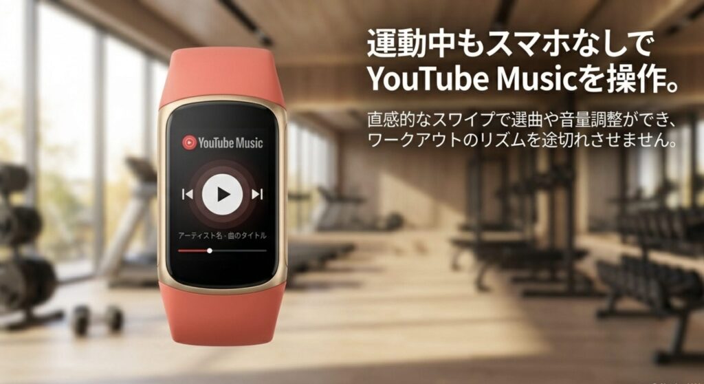 Fitbit Charge 6のYouTube Music操作機能。運動中も直感的なスワイプで選曲や音量調整が可能。