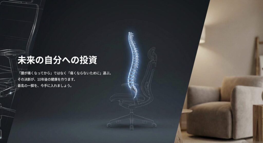 オフィスチェア選びを単なる家具選びではなく将来の健康への投資と捉えるメッセージ