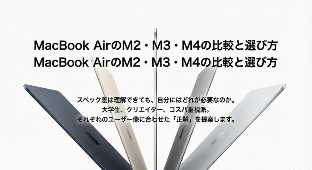 MacBook AirのM2・M3・M4それぞれの比較と選び方。大学生、クリエイター、コスパ重視派などユーザー像に合わせた提案
