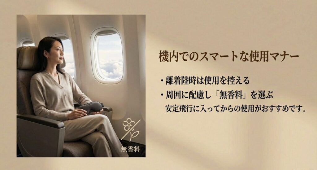機内では無香料を選び離着陸時の使用を控えるのがスマートなマナー