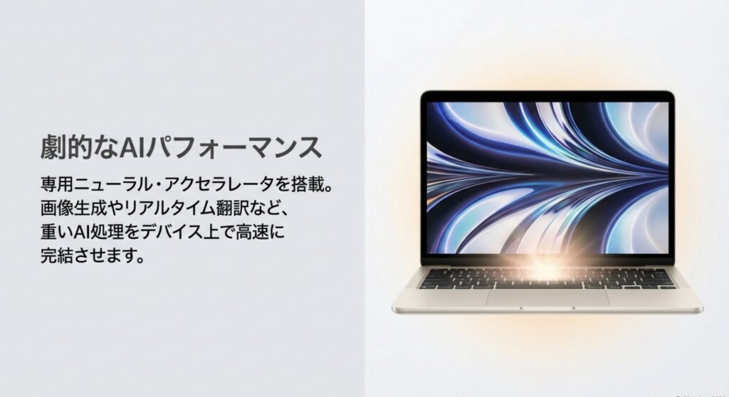 専用ニューラル・アクセラレータ搭載によるMacBook Air M5のAIパフォーマンス向上