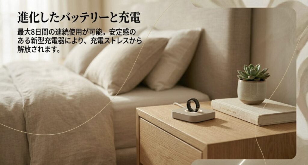 Oura Ring 4の充電器とバッテリー性能。最大8日間の連続使用が可能