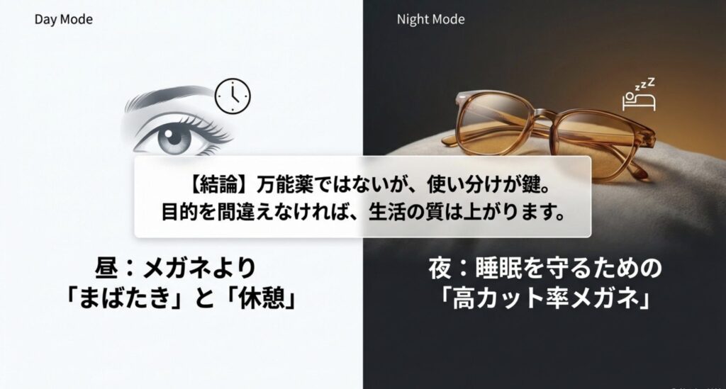 昼はまばたきと休憩、夜は高カット率メガネというPCメガネの使い分け結論スライド