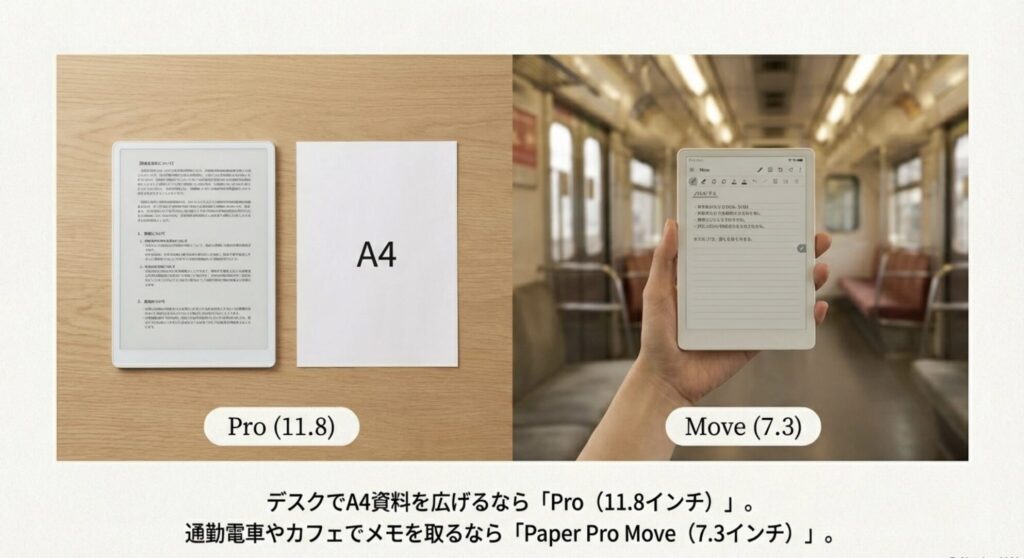 デスクワーク向けのPro11.8インチと持ち運び向けのMove7.3インチのサイズ比較と使い分け