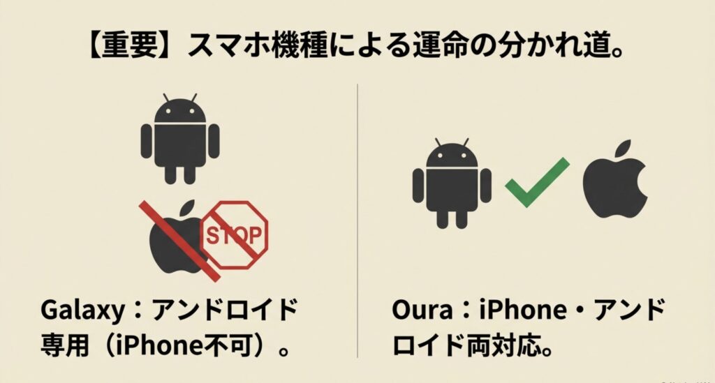 Galaxy RingがAndroid専用であるのに対し、Oura RingはiPhoneとAndroidの両方に対応していることを示すOS対応表。