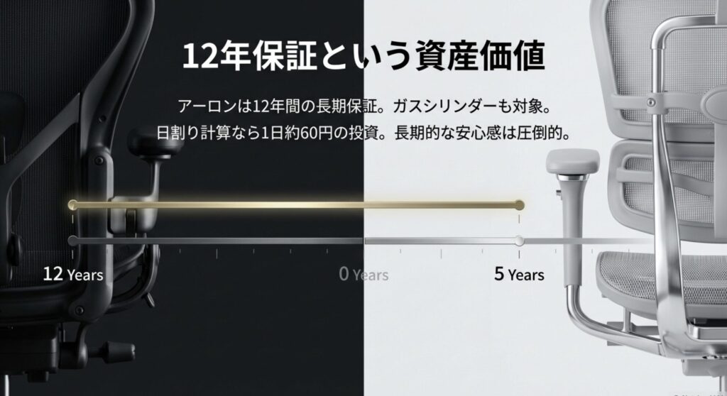 アーロンチェアの12年保証と一般的なオフィチェアの保証期間を比較し、長期的な安心感を可視化したスライド