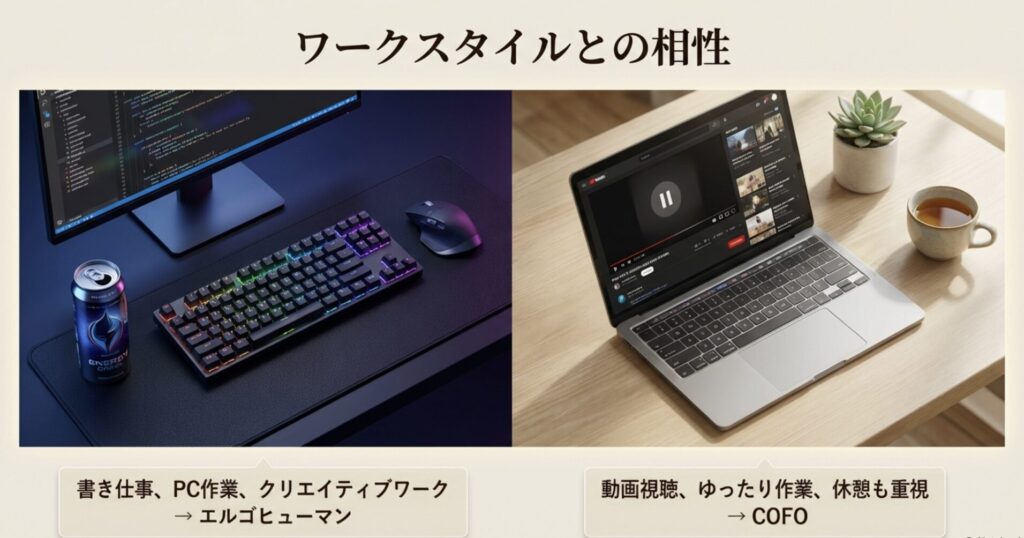 キーボードとドリンクのデスク写真。書き仕事やクリエイティブワークはエルゴヒューマン、動画視聴やゆったり作業はCOFOというワークスタイルの相性表