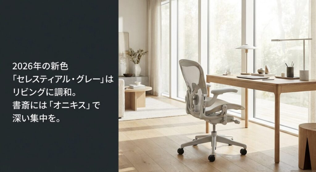 リビングに調和する2026年の新色セレスティアル・グレーのアーロンチェアが、明るい書斎に配置されているイメージ画像。