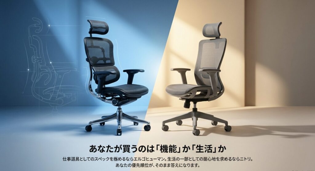 エルゴヒューマンとニトリのチェアを並べ、機能重視か生活の一部としての居心地重視かを問うスライド