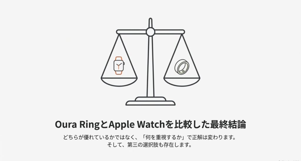 Oura RingとApple Watchを天秤にかけたイラスト。どちらが優れているかではなく何を重視するかで選ぶべきという結論。